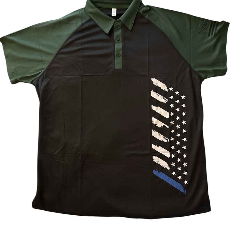 Men's Green and Black Short-Sleeve Polo Shirt with Flag Graphic